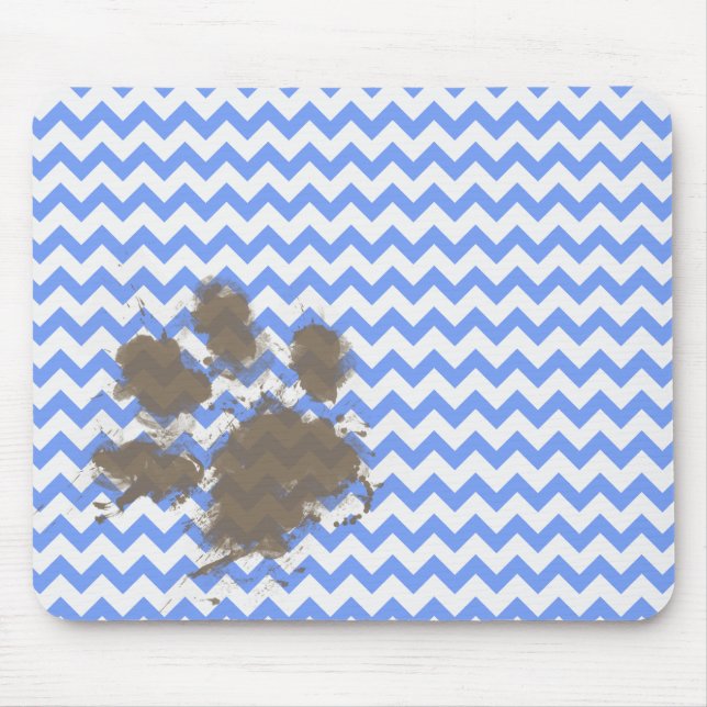 Tapis De Souris Amusant Empreinte de patte boueux sur Blue Chevron (Devant)