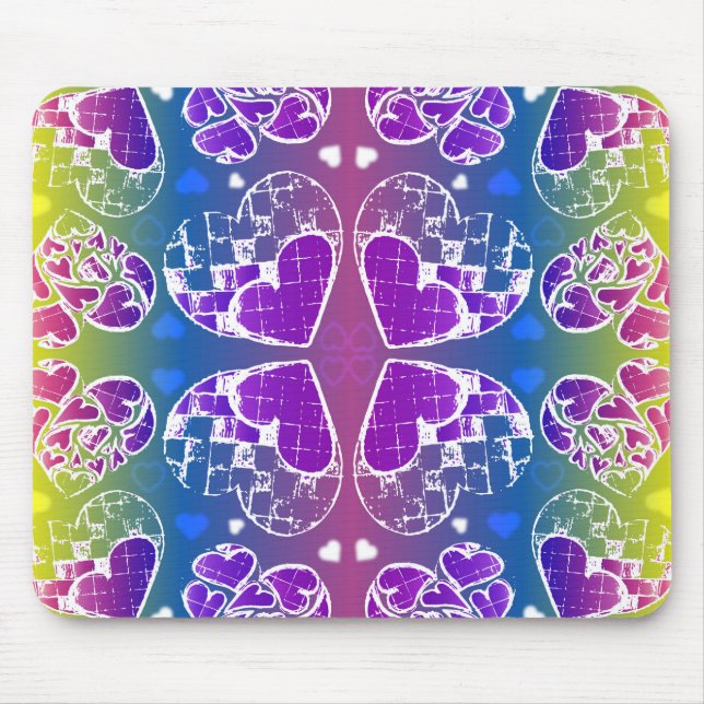 Tapis De Souris Amusant Violet, bleu, jaune motif de Coeurs Whimsi (Devant)