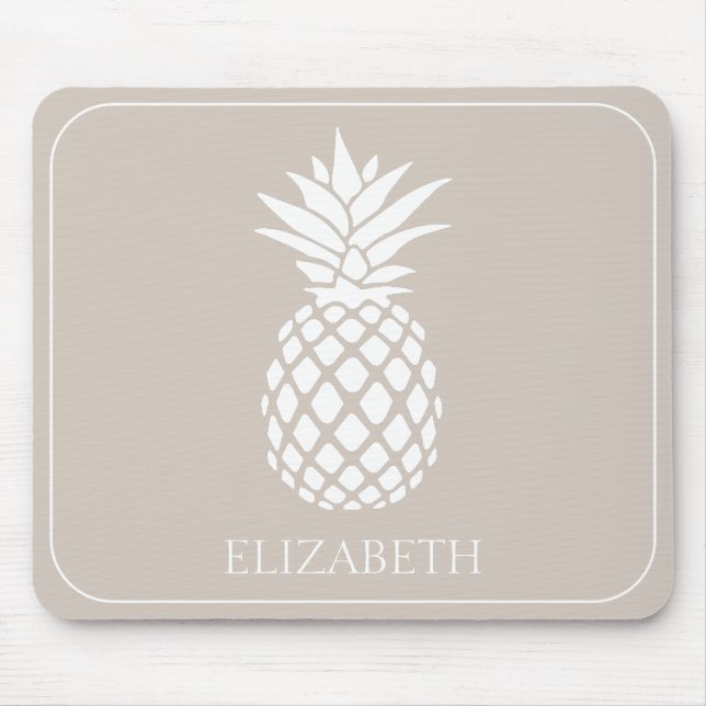Tapis De Souris Ananas blanc préppy sur beige (Devant)