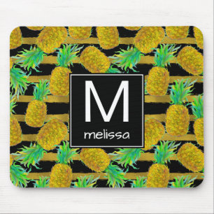 Tapis De Souris Ananas d'or sur le monogramme des rayures