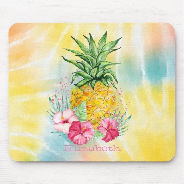 Tapis De Souris Ananas, Hibiscus aquarelle Rainbow Tie Dye (Devant)