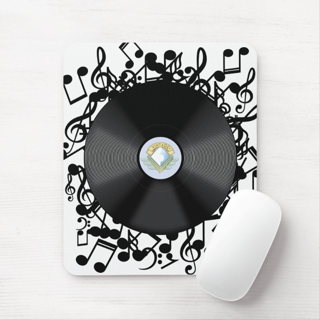 Tapis De Souris Ancien disque de vinyle et notes musicales (Avec souris)