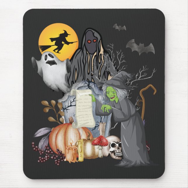 Tapis De Souris Ancienne Sorcière D'Halloween Avec Fantômes Et Cit (Devant)
