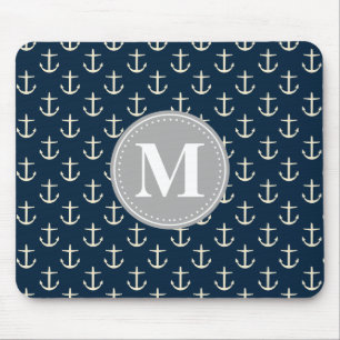 Tapis De Souris Ancre à crème bleue marine Motif gris monogramme