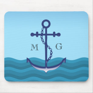 Tapis De Souris Ancre de navire nautique avec double monogramme
