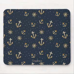 Tapis De Souris Ancre d'or nautique et Motif Helm sur bleu