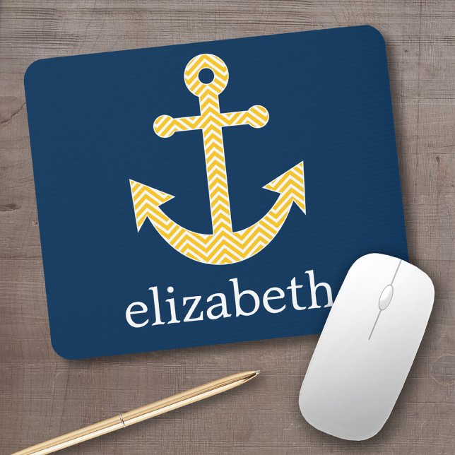 Tapis De Souris Ancre nautique avec Motif de Navy Jaune Chevron (Personalized mousepad - add your custom text)