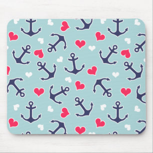 Tapis De Souris Ancres et motif nautiques de coeurs