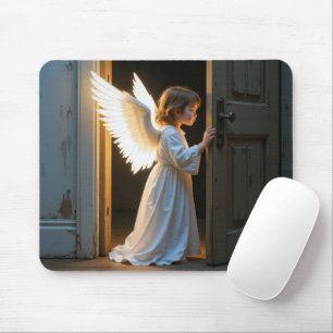 Tapis De Souris Angel Enfant Peering autour d'une vieille porte