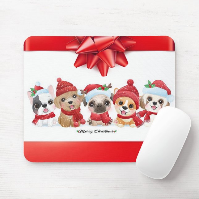 Tapis De Souris Animaux de Noël (Illustration of five cartoon dogs wearing Christmas hats and scarves.)
