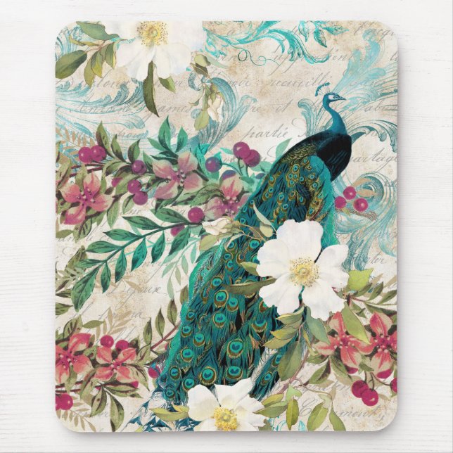 Tapis De Souris Antique Illustrated Peacock & Flowers Grunge (Devant)