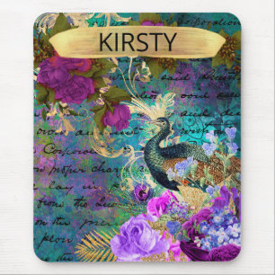 Tapis De Souris Antique Illustré Paon & Fleurs Grunge