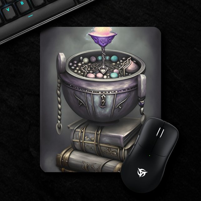 Tapis De Souris Antique Steampunk Cauldron sur la pile de livres d (Créateur téléchargé)