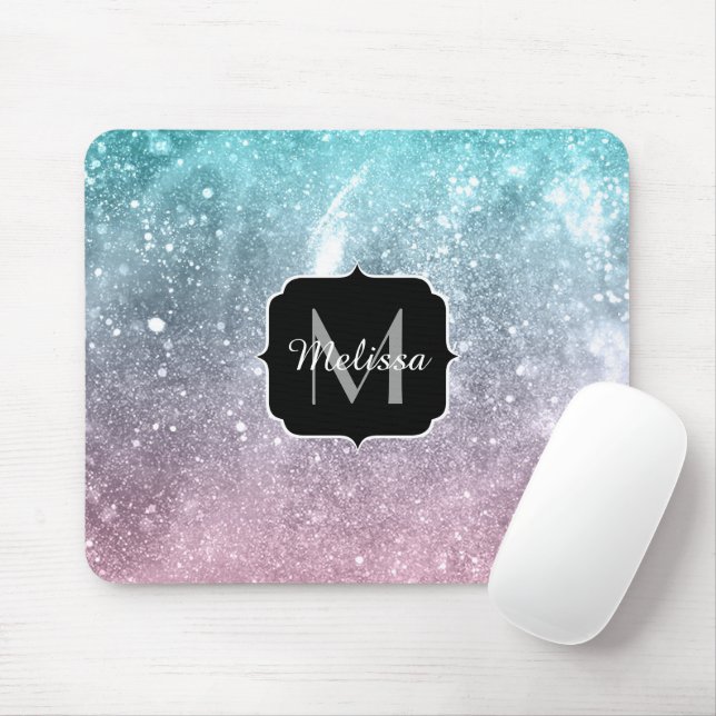 Tapis De Souris Aqua bleu rose galaxie marine abstrait Monogramme (Avec souris)
