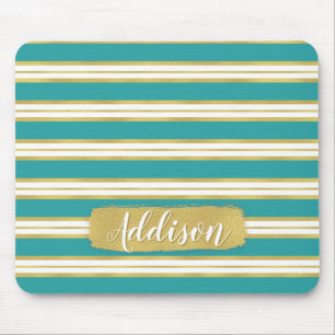 Tapis De Souris Aqua Blue Gold Stripe Motif Nom personnalisé