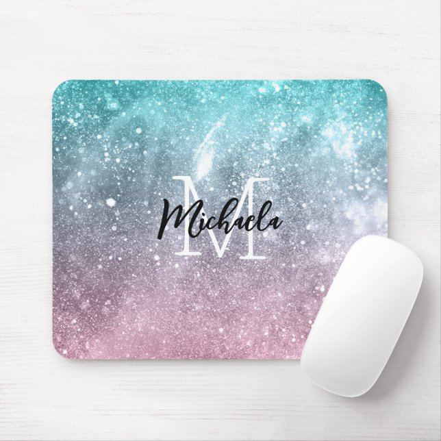 Tapis De Souris Aqua blue Pink ombre mer galaxie abstraite Monogra (Avec souris)