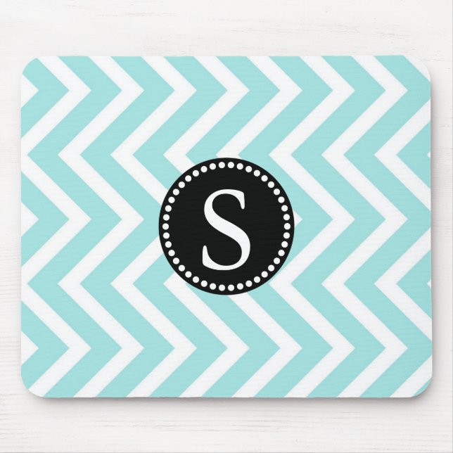 Tapis De Souris Aqua Blue & White Zigzag Motif Monogramme noir (Devant)