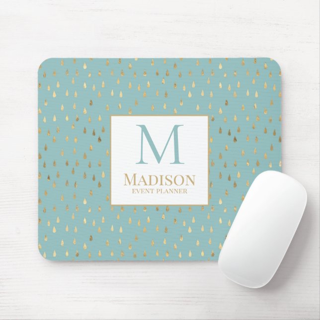 Tapis De Souris Aqua Gold Raindrop Moderne Monogramme tendance (Avec souris)