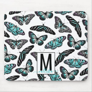 Tapis De Souris Aqua Papillons Turquoises Aquarelle Motif Monogram