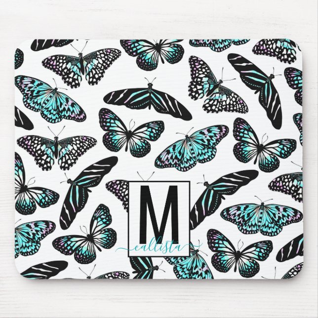 Tapis De Souris Aqua Papillons Turquoises Aquarelle Motif Monogram (Devant)