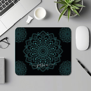Tapis De Souris Aqua Turquoise & Noir Mandala w Calligraphie Nom