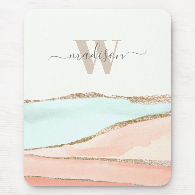 Tapis De Souris Aquarelle Abstraite côtière avec nom et monogramme (Devant)