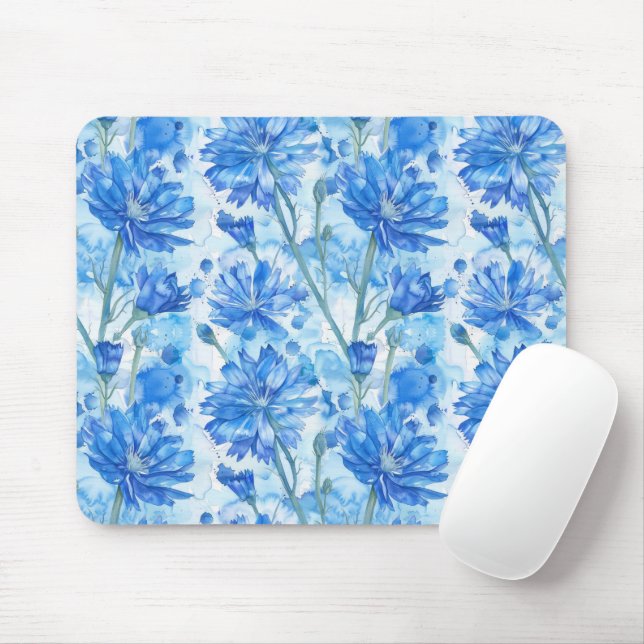 Tapis De Souris Aquarelle Abstraite Fleurs bleues et blanches (Avec souris)