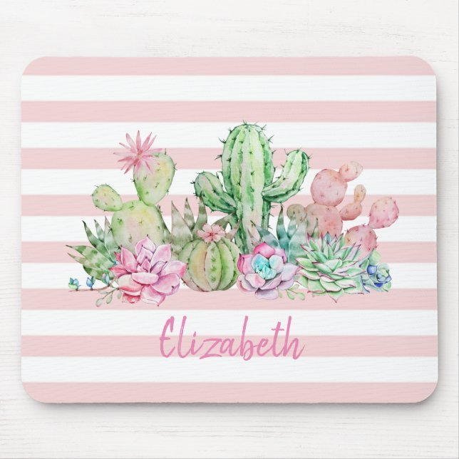 Tapis De Souris Aquarelle adorable Cactus, Bandes roses Succulente (Devant)