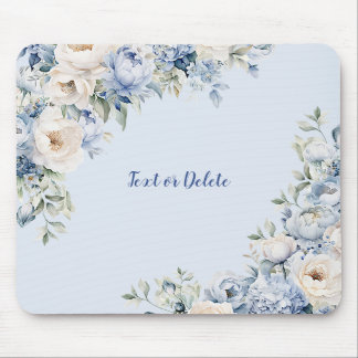Tapis De Souris Aquarelle bleu Dusty Fleurs d'ivoire Feuille