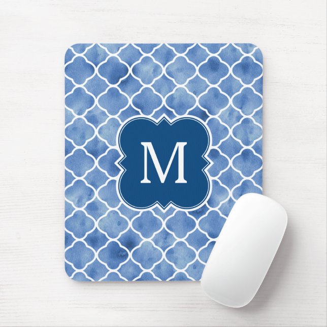 Tapis De Souris Aquarelle bleu marine Motif géométrique Monogramme (Avec souris)