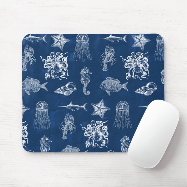Tapis De Souris Aquarelle bleu marine Océan Animaux marins (Avec souris)