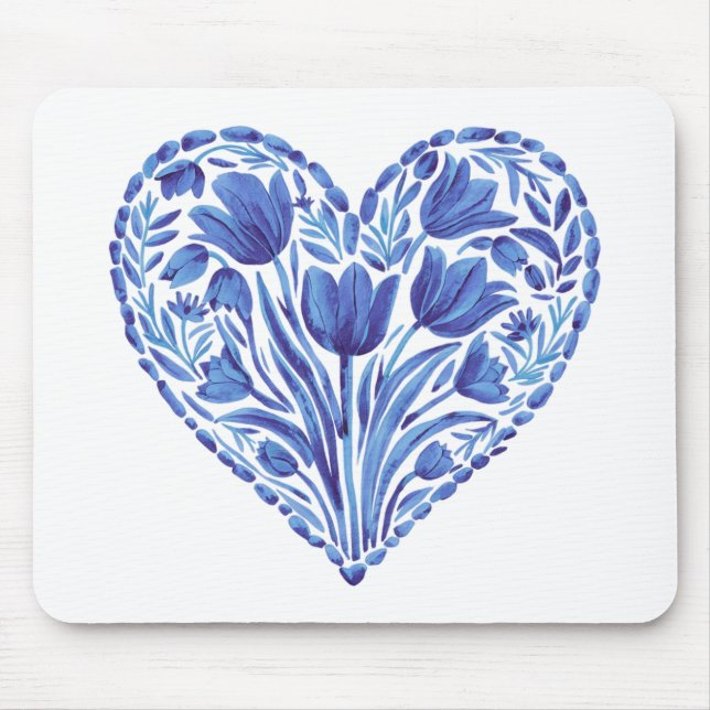 Tapis De Souris Aquarelle Bleu Tulipes Coeur Sur Blanc (Devant)
