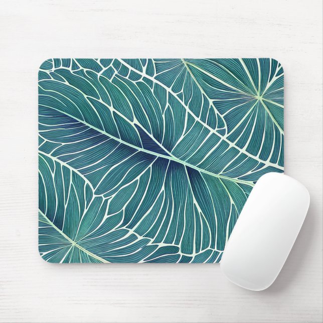 Tapis De Souris Aquarelle Bleu Vert Turquoise Feuilles tropicaux (Avec souris)