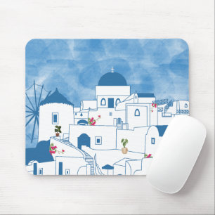 Tapis De Souris Aquarelle bleue et blanche Santorin Grèce