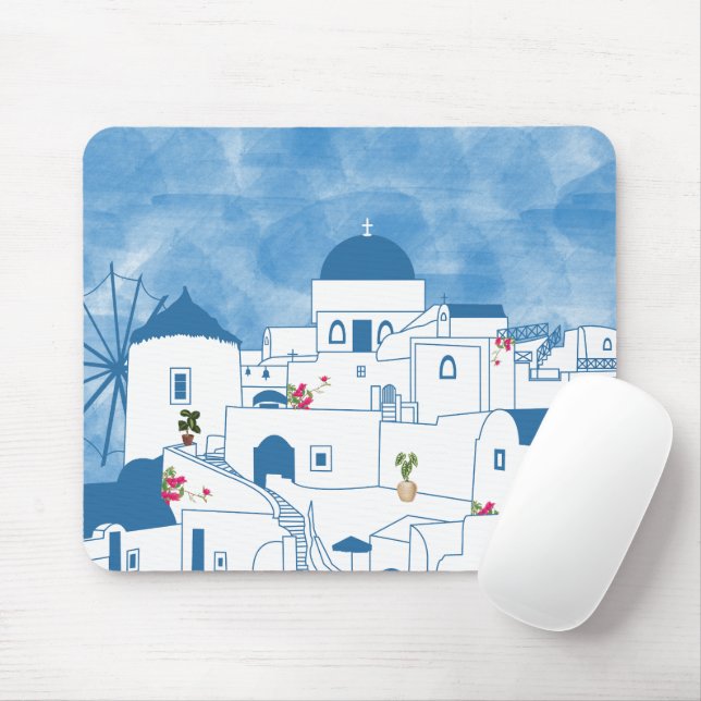 Tapis De Souris Aquarelle bleue et blanche Santorin Grèce (Avec souris)