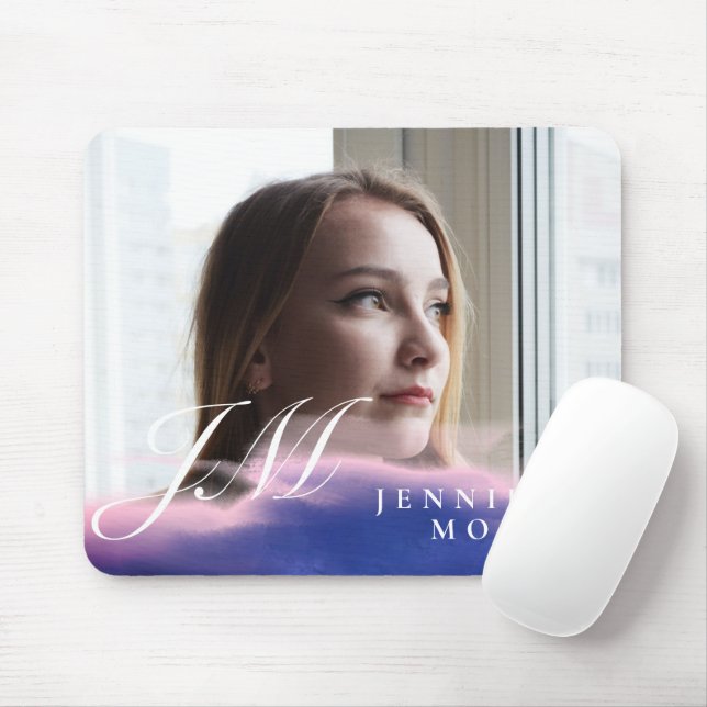 Tapis De Souris Aquarelle bleue personnalisée rose Photo Monogramm (Avec souris)