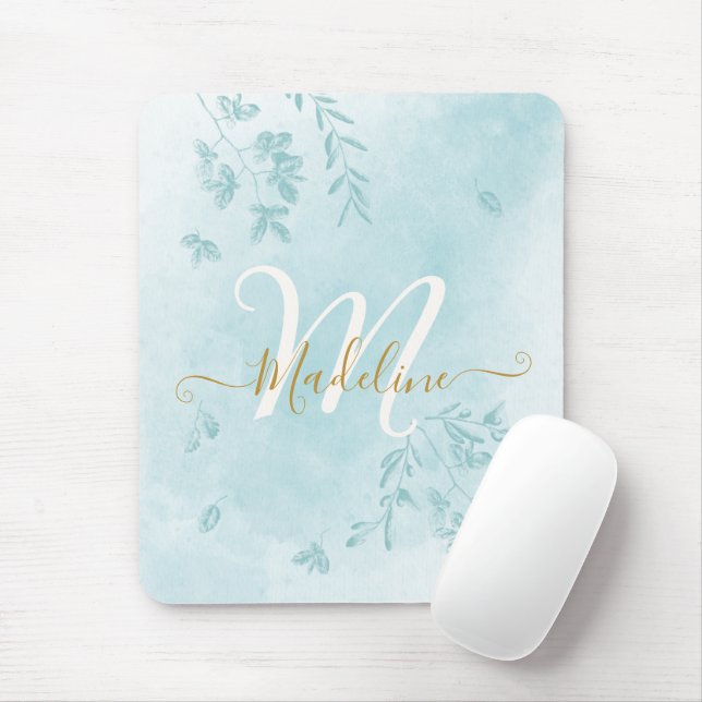 Tapis De Souris Aquarelle Botanique Feuille Foliage Bleu Monogramm (Avec souris)