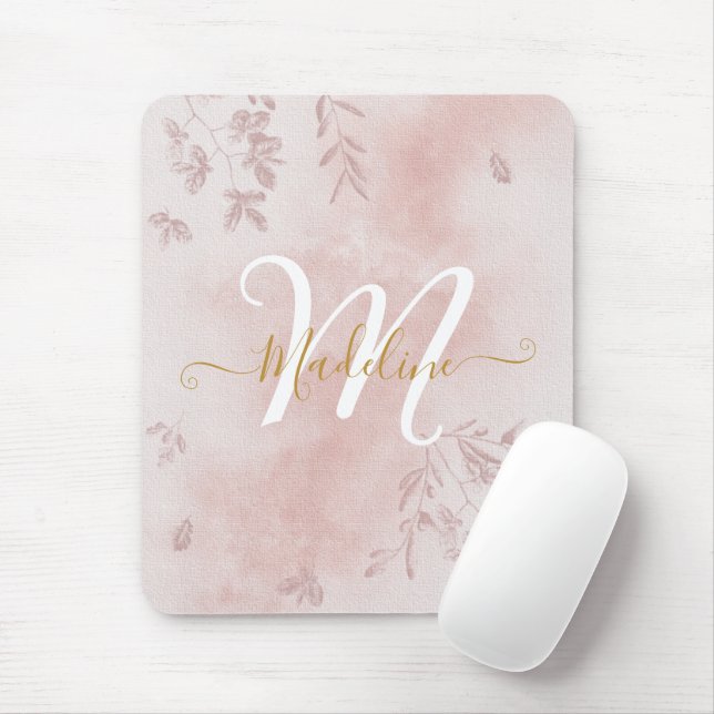 Tapis De Souris Aquarelle Botanique Feuille Foliage Rose Monogramm (Avec souris)