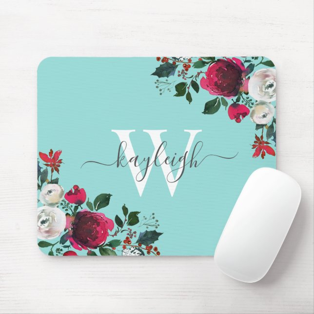 Tapis De Souris Aquarelle Bourgogne Floral Turquoise Monogramme (Avec souris)