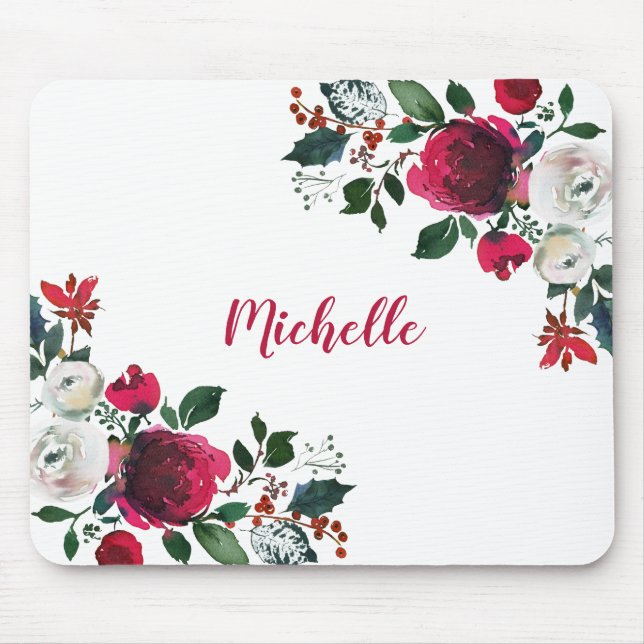 Tapis De Souris Aquarelle Bourgogne Peony Rose Nom floral (Devant)
