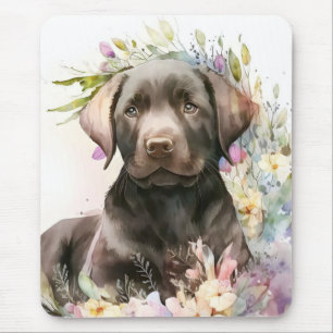 Tapis De Souris Aquarelle Brown Labrador Retriever et Fleurs