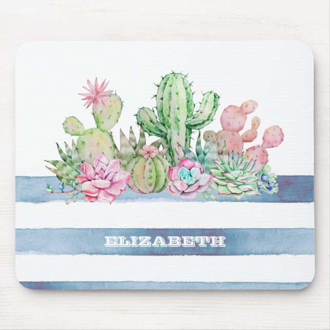 Tapis De Souris Aquarelle Cactus Fleurs Succulentes Stripes (Devant)