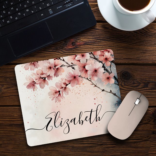 Tapis De Souris Aquarelle Cerisier Fleur Fille Nom du script (Créateur téléchargé)