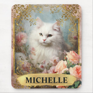 Tapis De Souris Aquarelle Chat Blanc Vintage et Roses Roses