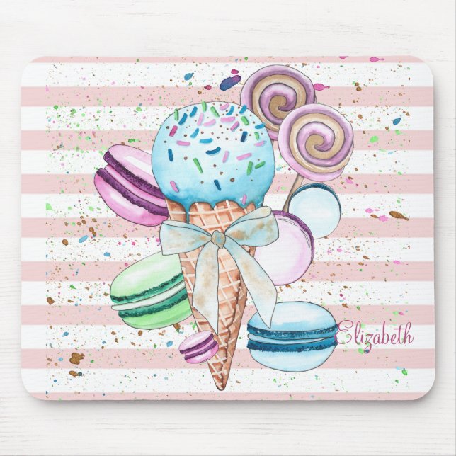 Tapis De Souris Aquarelle Crème glacée, Macarons, Bandes roses (Devant)