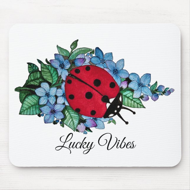 Tapis De Souris Aquarelle Cute Ladybird Avec Fleurs Bleues Sauvage (Devant)