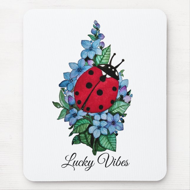 Tapis De Souris Aquarelle Cute Ladybird Avec Fleurs Bleues Sauvage (Devant)