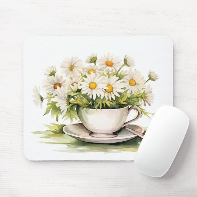 Tapis De Souris Aquarelle Daisées En Coupe De Café (Avec souris)