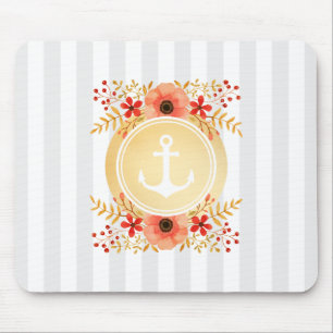 Tapis De Souris Aquarelle d'Ancre marine or à rayures florales