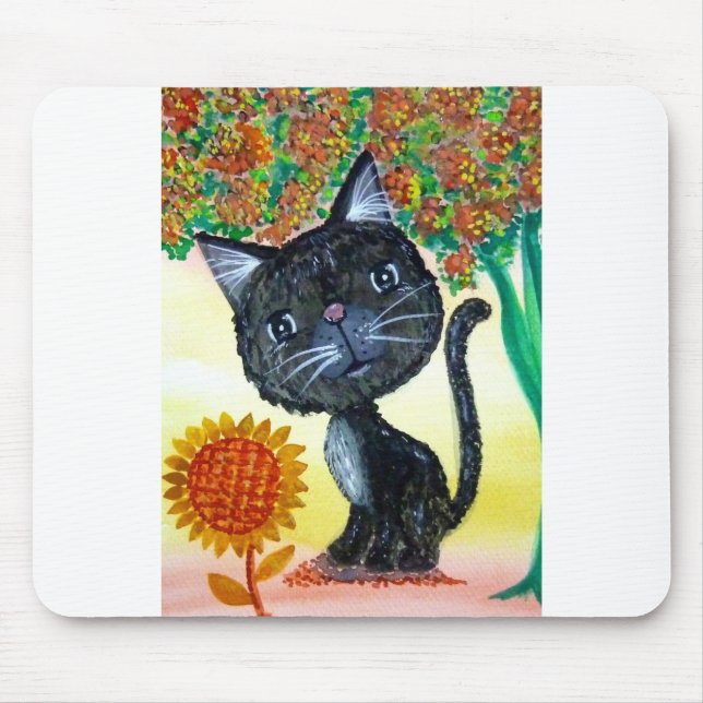 Tapis De Souris Aquarelle d'arbre de fleur de tournesol de chat (Devant)